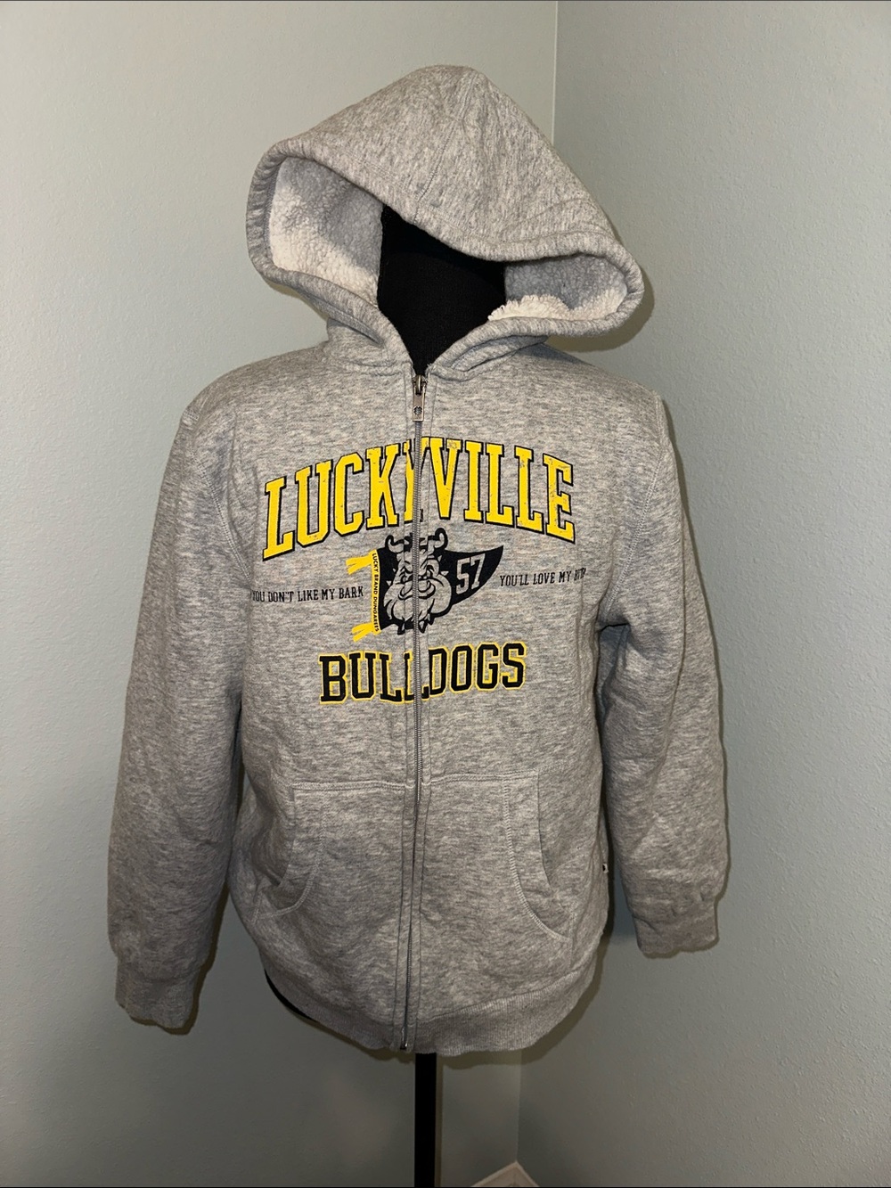 Lucky Brand Boys’ Grey Hooded Luckyville Bulldogs Zip Jacket with Yellow Logo